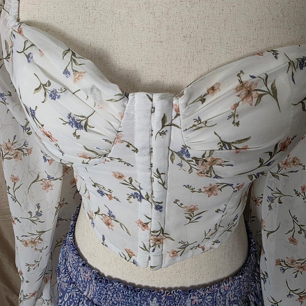 Windsor Floral Corset Crop Top White Long Sleeve Smocked Back PT41845KW Medium - Picture 5 of 7